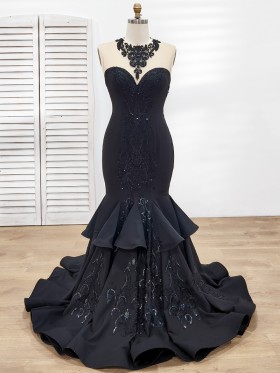 Illusion Neck Beaded Black Trumpet Formal Prom Gown