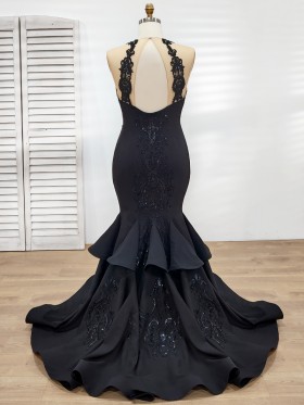 glitter lace appliqued black satin trumpet tiered prom gown glitter lace appliqued black satin trumpet tiered prom gown