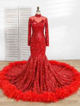 popular red sequin and feather sparkly prom dress