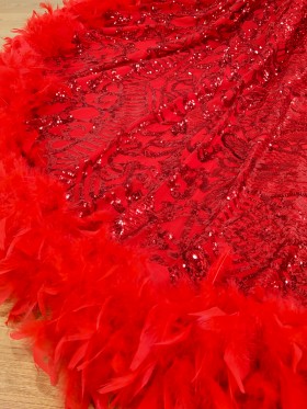 red sequin and feather long train dress red sequin and feather long train dress