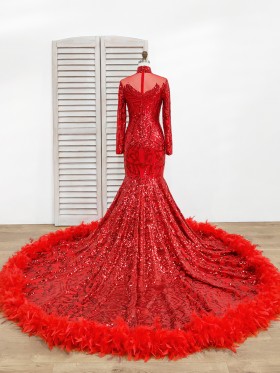 red sequin and feather long train prom dress red sequin and feather long train prom dress
