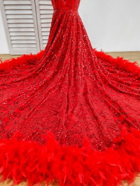 sparkly red sequin with feather trimmed dress