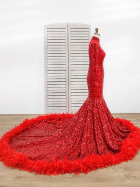 unique red sequin and feather long train prom dress