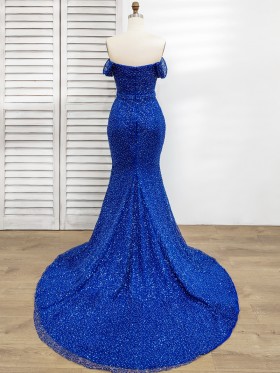 blue beaded sequin mermaid long train prom dress blue beaded sequin mermaid long train prom dress