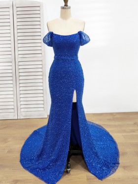 off the shoulder blue beaded sequin mermaid prom gown