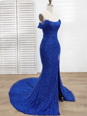 royal blue beaded sequin mermaid long prom dress