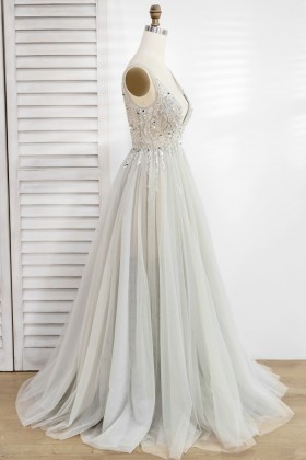 beaded floor length light gray tulle prom dress