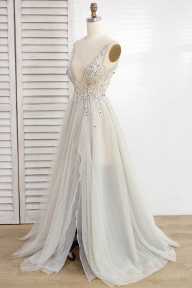 beaded light gray tulle dress with thigh high slit