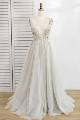 beaded plunging neckline light gray tulle prom dress