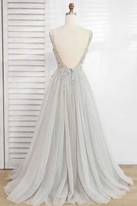 light gray tulle low back floor length dress light gray tulle low back floor length dress