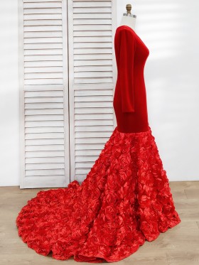 red long sleeve velvet and 3d rose satin prom dress