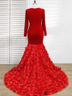 red velvet closed back 3D rose trumpet prom dress