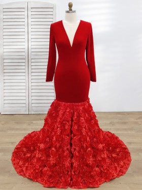 red velvet long sleeve 3D rosette satin trumpet prom dress