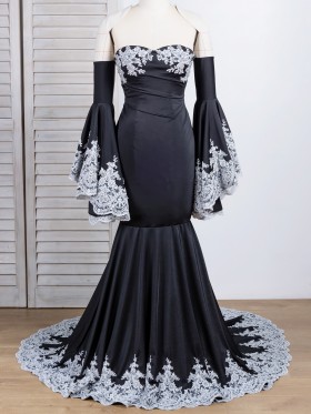 black spandex with silver lace applique bell sleeve mermaid prom dress