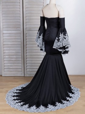 off the shoulder bell sleeve black mermaid dress with silver lace appliques