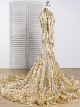gold sequin long sleeve long train prom dress gold sequin long sleeve long train prom dress
