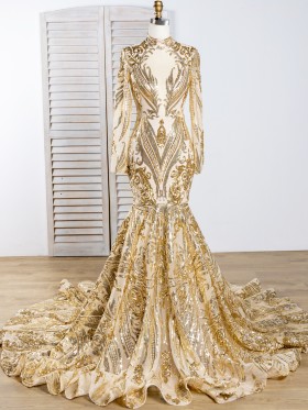 sparkly unique pattern gold sequin long sleeve long train prom dress