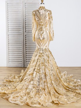 unique pattern gold sequin long sleeve long train prom dress