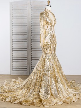 unique pattern gold sequin long train prom dress