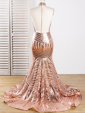 open back with pearls rose gold sequin mermaid prom dress