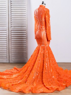 closed back orange sequin long sleeve long train prom gown