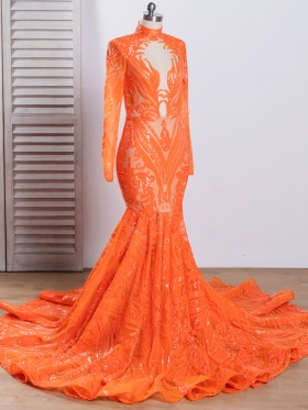 high neckline orange sequin long sleeve long train prom gown high neckline orange sequin long sleeve long train prom gown