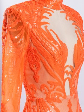 jagged plunging neckline orange sequin dress