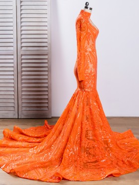 orange sequin long sleeve long train mermaid prom gown