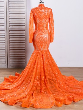 orange sequin long sleeve long train prom gown