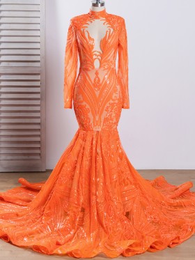 unique orange sequin long sleeve long train prom gown unique orange sequin long sleeve long train prom gown