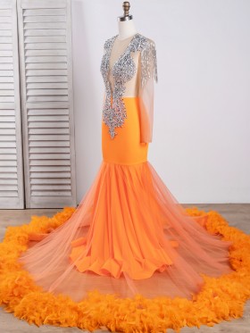 beaded bodice sheer sleeve orange feather long train prom dress beaded bodice sheer sleeve orange feather long train prom dress