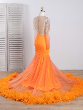 illusion sheer back orange feather prom dress