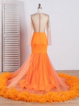 orange feather long train beaded prom dress