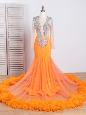 sexy beading bodice orange feather train prom dress