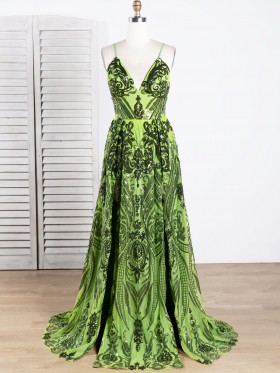 double slit unique geometric pattern green sequin prom dress