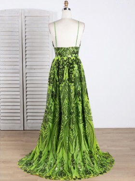 geometric green sequin spaghetti strap long prom dress