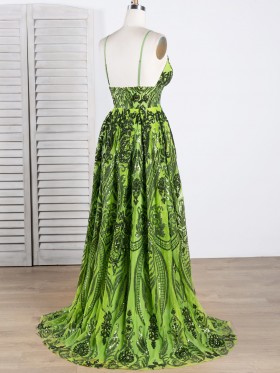 green sequin spaghetti strap floor length A line prom dress green sequin spaghetti strap floor length A line prom dress