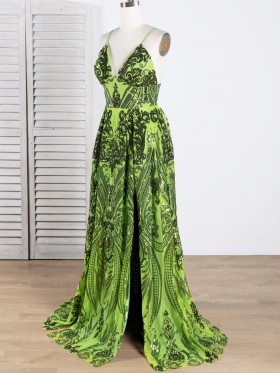 unique geometric green sequin V neck slit A line long prom dress unique geometric green sequin V neck slit A line long prom dress