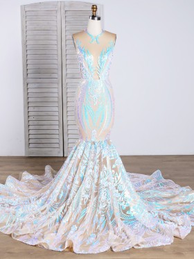 fantasy pink and blue geometric pattern sequin mermaid long train prom dress fantasy pink and blue geometric pattern sequin mermaid long train prom dress