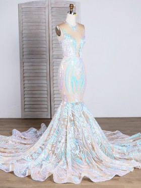 fantasy pink and blue geometric pattern sequin prom dress