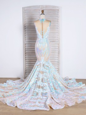 iridescent pink and blue sequin mermaid long train prom dress