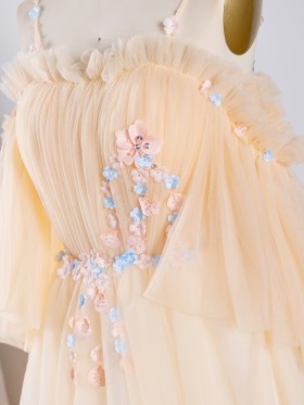 3D flowers appliqued champagne dress