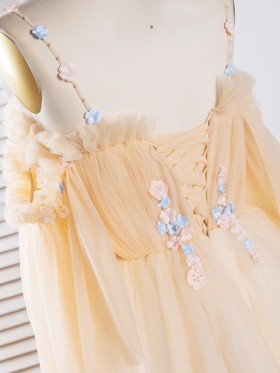 3D flowers appliqued champagne dress with lace up back