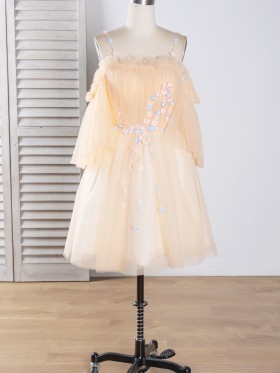3D flowers appliqued champagne tulle short homecoming dress