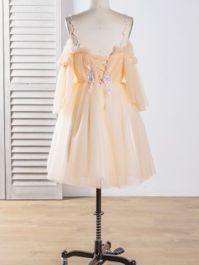 3D flowers champagne tulle short dress 3D flowers champagne tulle short dress