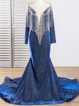beading tassels glitter fabric mermaid prom dress