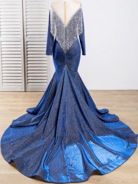 dark navy long sleeve long train wedding gown with beading tassels