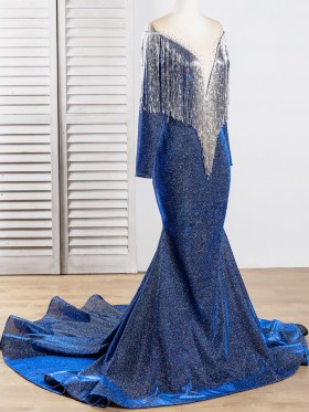 navy blue glitter fabric mermaid dress with tassels embellishment