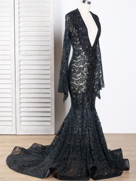 beaded plunging neckline bell sleeve black lace mermaid formal dress