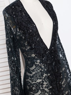 beaded plunging neckline black lace dress